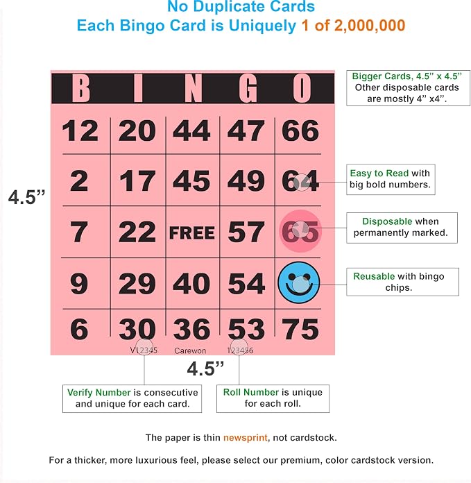 100 Bingo Cards, Large 4.5 x 4.5 Inch, Pink, Paper Bingo Sheets | 8 Color Options, Premium Cardstock, Disposable with Daubers or Reusable with Chips — Proudly Made in USA