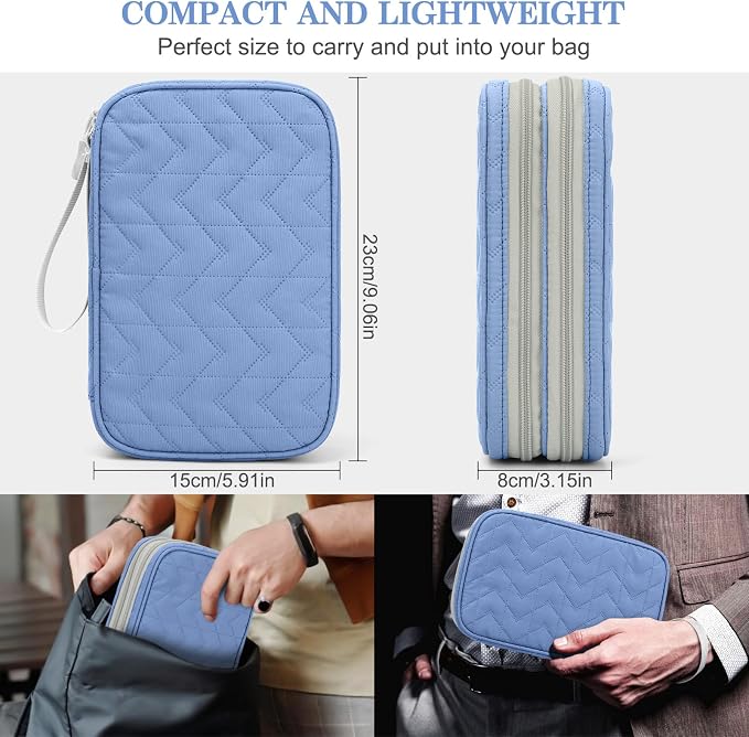FYY Electronic Organizer, Travel Tech Pouch Bag, Large, Blue Quilted | Wrist Strap, Waterproof, Double Layers Portable Electronics Travel Carrying Case for Cord, Charger, Daily Business Trips Use