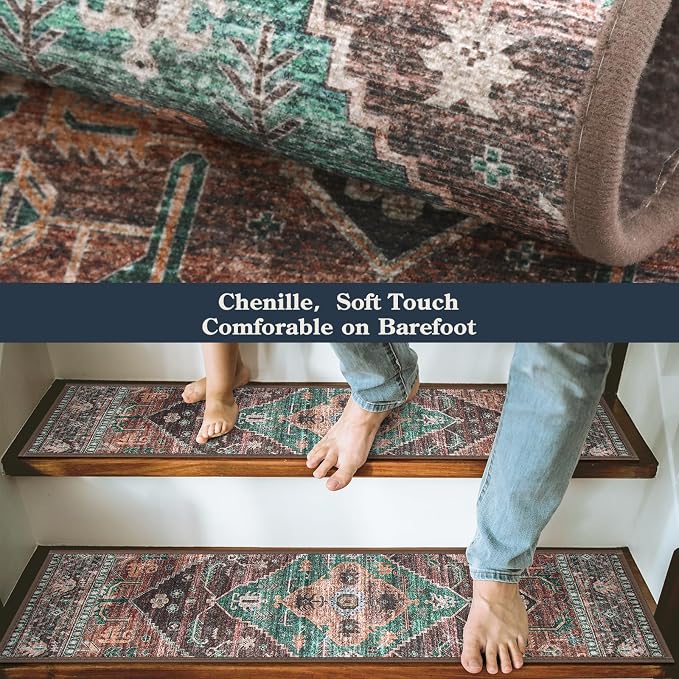 Lahome Non Slip Stair Treads Indoor 15 Pack 8" X 30" Carpet Treads for Wood Stairs, Washable Self Adhesive Stair Runners Soft Surface, Noise Reducing for Kids, Elders and Dogs Dorie, Dull Teal
