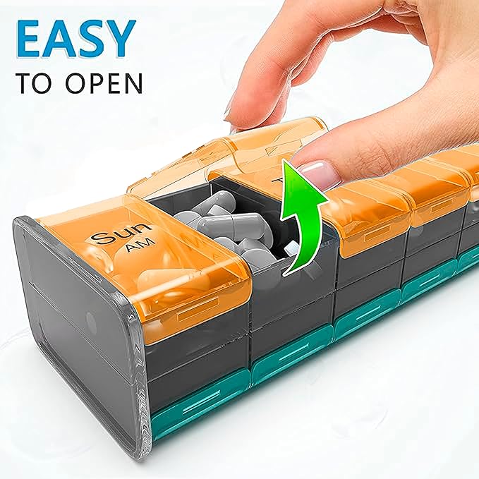 Extra Large Pill Organizer - XXL Vitamin Holder for Weekly Supplements - Double Sided Pill Box 7 Day with Big AM PM Compartments Huge Daily Medicine Dispenser 2 Times a Day Reliable and Easy-to-Use