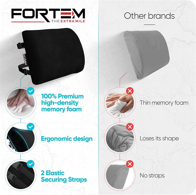 FORTEM Lumbar Support Pillow for Office Chair, Lumbar Support Pillow for Car, Back Rest for Gaming, Memory Foam Pillow, Desk Chair Cushion, Breathable & Washable Cover, Adjustable Straps
