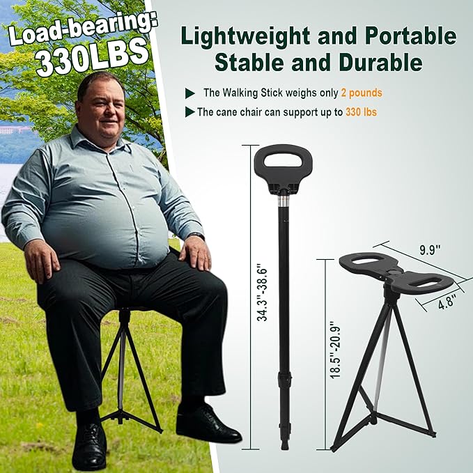 Adjustable Cane with Seat Folding Lightweight, Portable Cane Chair for Adults & Seniors, Walking Stick with Seat for Travel Hiking, with Cushion Carry Bag