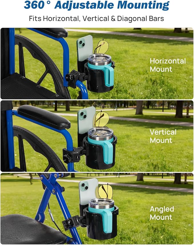 JOYTUTUS Wheelchair Cup Holder, 2-in-1 Walker Cup Holder with 4.72'' Small Storage Box, Drink Holder for Bottle with Handle, Fit for Wheelchair, Walker, Rollator, Stroller, Camper, Golf cart (Small)