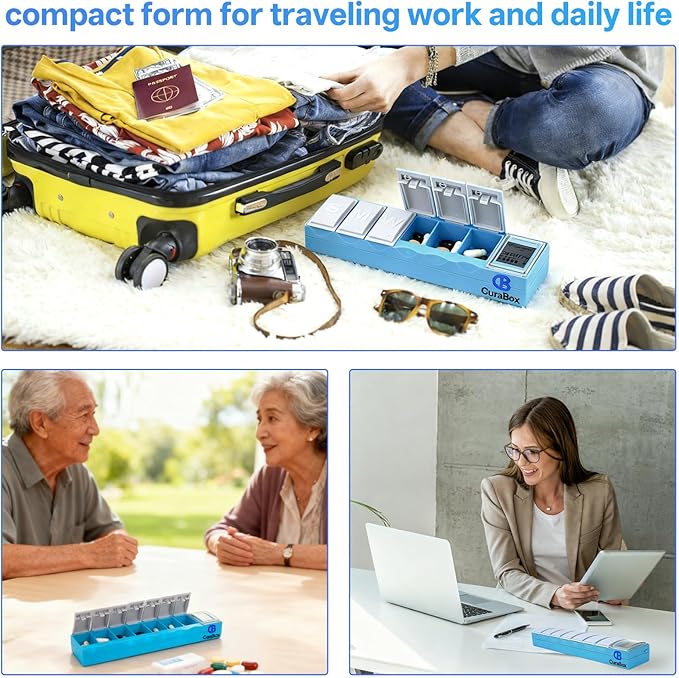 Pill Dispenser with Alarm Medication Alert Smart Pill Organizer with Alarm 7-Day Weekly Case with Auto-Learning Habit Sensor, LCD Status Icons, Rechargeable, Portable