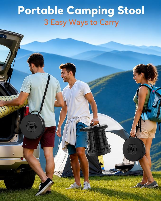 Portable Heavy Duty Collapsible Stool - Adjustable Stool for Camping | Wide Seat, 20.3'' Extra Tall, 1000 LBs Load Capacity, Retractable, Folding Chair for Fishing, Hunting & Outdoor