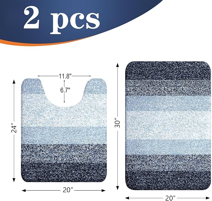 OLANLY Bathroom Rug Set 2 Piece, Soft Absorbent Microfiber Bath Mats and U-Shaped Contour Toilet Rug, Non-Slip, Machine Wash Dry, Plush Shaggy Bath Mats for Bathroom (30"x20"+U24 x20, Dark Blue)