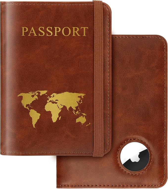 Passport Holder Travel Women Men, Passport Wallet with Airtag Slot, Brown | RFID Blocking PU Leather Passport Holder Cover Case with Card Holder, Pen Slot