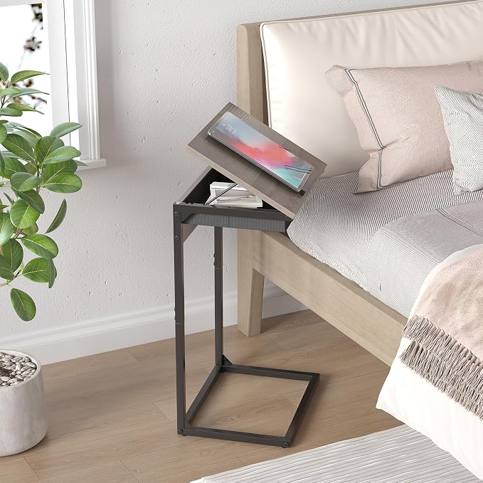 sthmec C Shaped End Tables with Charging Station, 45° Tiltable Adjustable Flip Top Side Table with Storage,Small C Table for Small Spaces,Slide Under Couch Sofa Bedside Tables for Living Room, Grey
