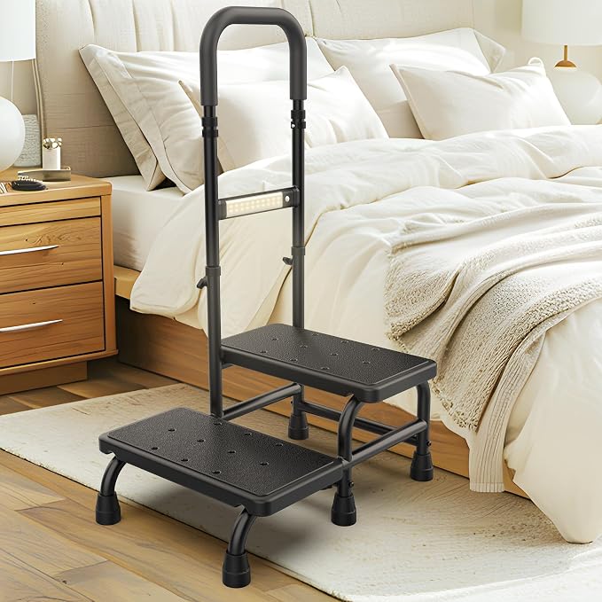 [2026 Upgrade] 2 Step Stool with Handle for Elderly with Sensor Night Light,Medical Heavy Duty Step Stool with Adjustable Handrail, Bedside Steps for People with Mobility Impairments,350lbs