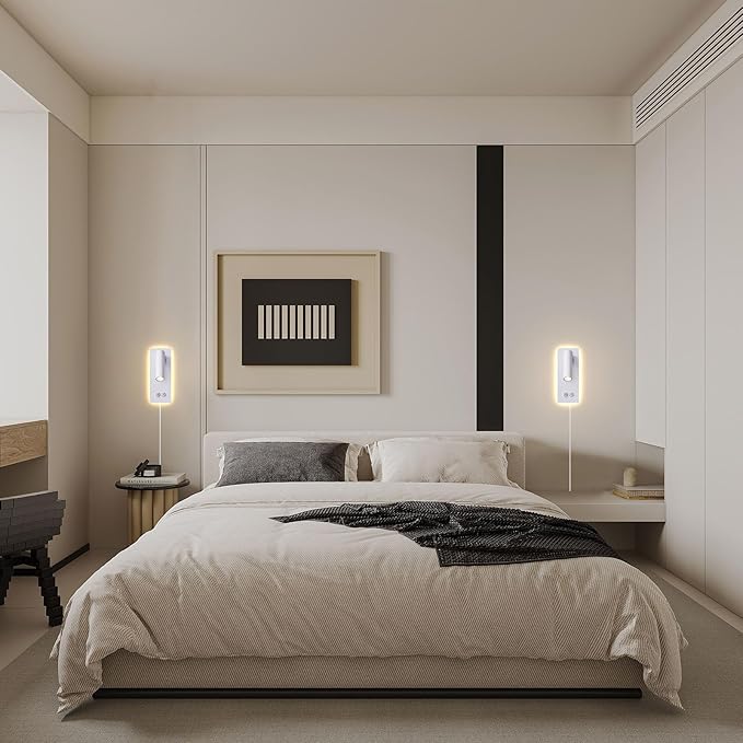 LED Reading Lights Wall Mounted, Plug in Wall Sconces Set of 2, Dimmable Bed Lights for Headboard, Hardwire Wall Lamps for Bedroom, Light for Bedside Hanging for Wall (White)
