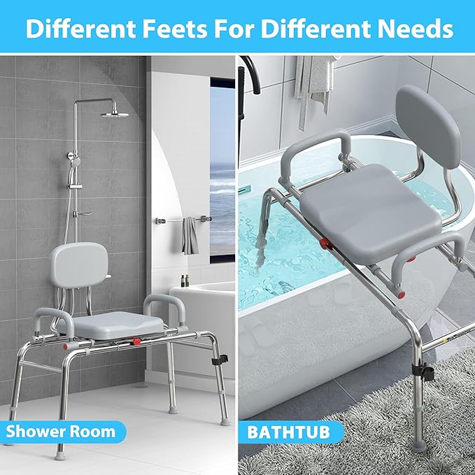 Sliding Shower Chair Tub Transfer Bench with 360°Swivel Seat,Anti-Slip Design,with Security Belt for Elderly and Disabled,Adjustable Height with one Touch Slide Button,Gray