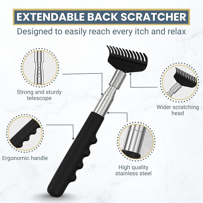 Robust Telescoping Back Scratcher for Instant Itch Relief, Extra Wide Head, Stainless Steel Handle Reaches Anywhere, Back Scratcher for Men, Back Scratcher for Women, Extends from 8" to 27" Gift Box