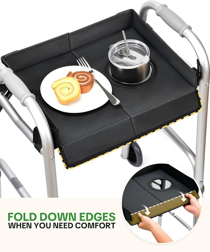 Walker Tray for Folding Walker with Cup Holder, Foldable Tray | Fits 17–19" Folding Walkers with Side Bars, Easy Install, Adjustable Straps, Spill-Resistant Surface, Lightweight for Seniors