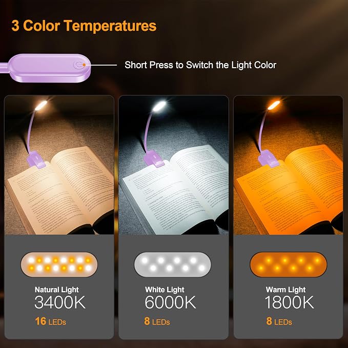 Gritin 16 LED Rechargeable Book Light for Reading in Bed | Eye Caring 3 Color Temperatures, Stepless Dimming Brightness, 80 Hrs Runtime, Lightweight Flexible Clip on Light-Purple