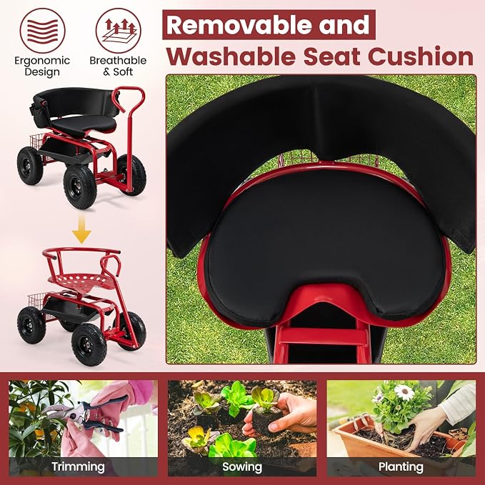 Garden Cart with Seat, Heavy-Duty Rolling Wagon Scooter with Wheels, Height Adjustable & 360° Swivel Seat, Storage Tray, Basket & Handle, Outdoor Gardening Work Seat for Patio Yard(Green)