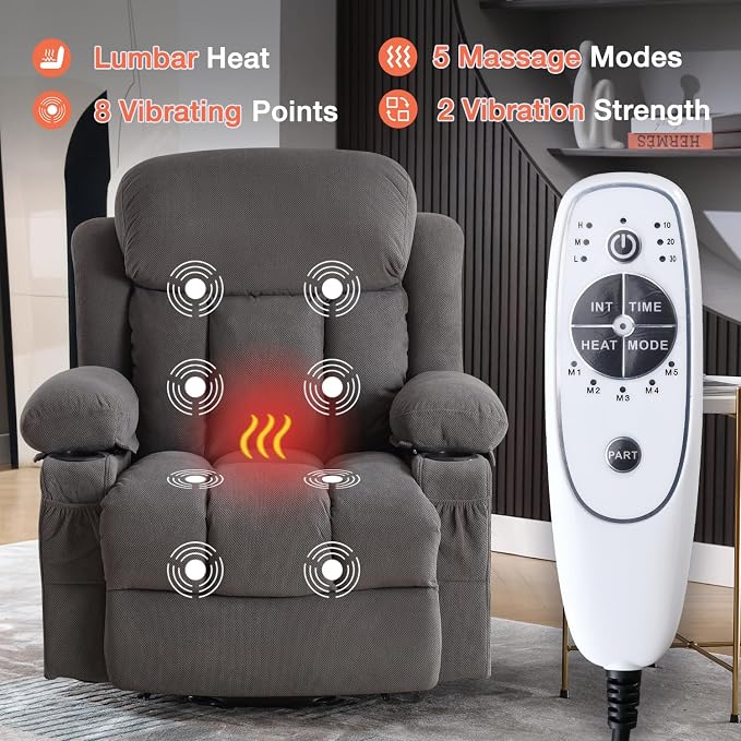 MAHOMICO Power Lift Recliner Chair for Elderly with Vibration Massage and Lumbar Heating,Electric Lift Recliner Single Sofa with Side Pocket,Two Cup Holders and USB Charge Port for Living Room