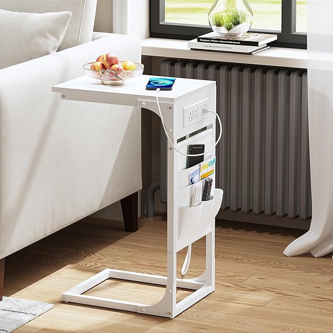 TUTOTAK C Shaped End Table with Charging Station, Side Table for Sofa | Couch Table with Storage Bag, TV Tray with 2 USB Ports and Outlets, Set of 2, Living Room and Bedroom, White TB01BW0242