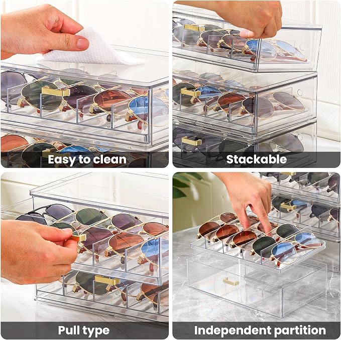 LALOBLUE Clear Acrylic Sunglasses Organizer, Stackable Eyeglass Storage Case with Gold Handles, Glasses Display Holder