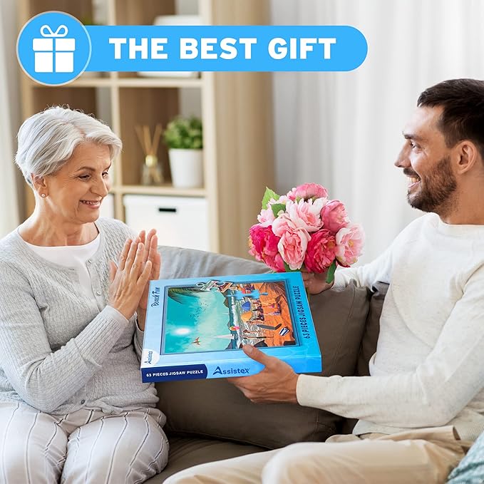 Assistex Large Piece Jigsaw Puzzle for Seniors with Dementia with Conversation Prompts, Large Piece Memory Game for Adults, Elderly, and Dementia Patients – Beach Puzzle, 63 pcs