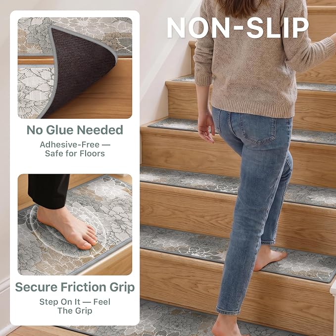 SARBEN 8"x30" Non Slip Stair Treads for Wooden Steps 15 Pack, Taupe Grey | Peel and Stick Carpet Stair Runner with TPE Adhesive Backing, Carpet for Added Safety, Pet and Senior Friendly