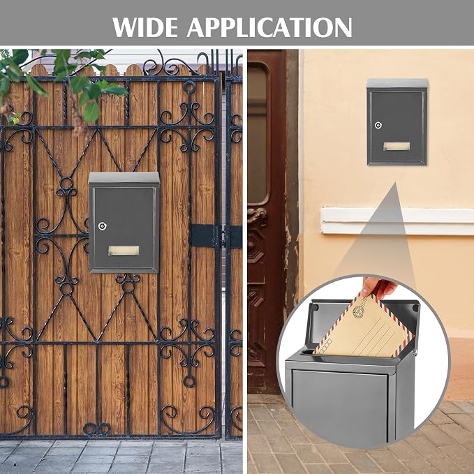 Amylove Weatherproof Mail Boxes with Key Lock, Security Locking Wall Mount Metal Mailbox with Slot for Outside, Large Capacity for Mail, Packages, Donations, Voting 11. 8" h x 8. 3" l x 2. 8" w, Gray