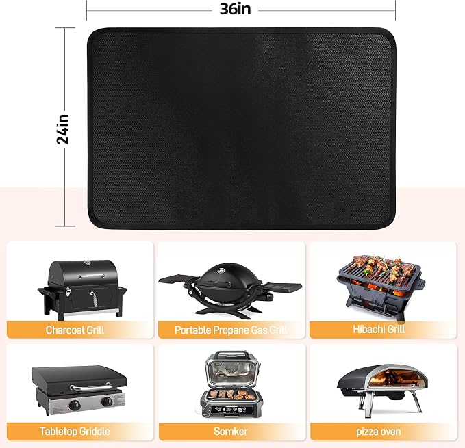 24x36in Heat Resistant Grill Mats for Outdoor Grill to Protect Your Prep Table and Outdoor Grill Table - Fire Proof & Water Proof & Oil Proof BBQ Mat - Black (1mm) | 1022℉ Fireproof grill mat for countertop/table protection, fits gas/charcoal grills, p...