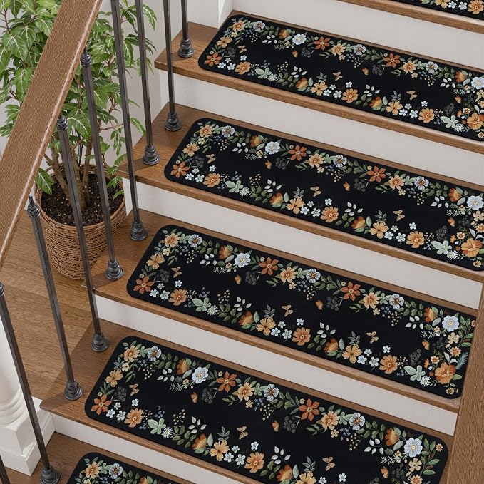 OJIA Stair Treads Non-Slip Carpet Stair Treads for Wooden Steps Indoor | 15PCS 30"x8" Floral Stair Runner Stair Mats Staircase Step Treads for Kids, Elders and Dogs, Stair Covers, Black