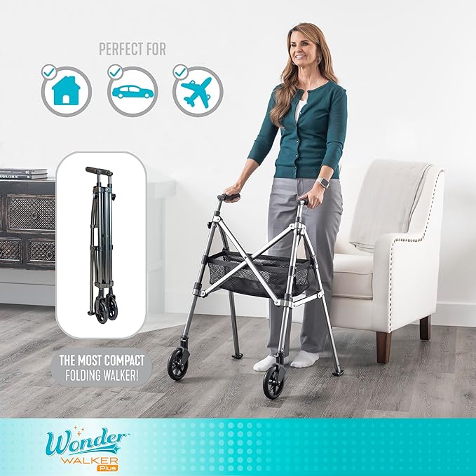 Stander Wonder Walker Plus, Lightweight Folding Mobility Aid for Adults, Seniors, and Elderly, Collapsible Travel EZ Fold-N-Go with Wheels, Glides, & Basket, Regal Rose