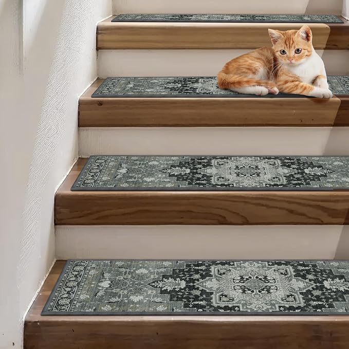 sarben 8"x30" Non Slip Stair Treads for Wooden Steps 15Pk,Black ForestGreen | Peel and Stick Carpet Stair Runner with TPE Adhesive Backing, Carpet for Added Safety, Pet and Senior Friendly