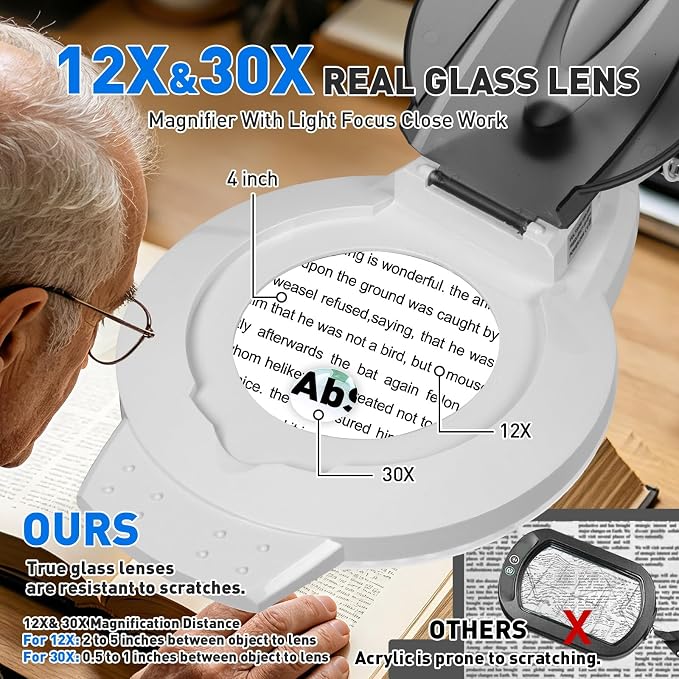 KIRKAS 12X 30X LED Magnifying Lamp with Clamp, 2,200 Lumens Dimmable Bright | 28in Adjust Swivel Arm Magnifying Glass with Light for Repair Reading Craft Needlework Workbench Magnifier Dust Cover White