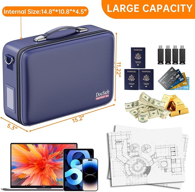DocSafe Fireproof Document Box Hard Case with Lock ＆ Accordion File Folder | Fire and Water Resistant Safe Box,File Organizer,Multi-Pocket,Home Office Travel Storage for Important Document,Laptop,Blue