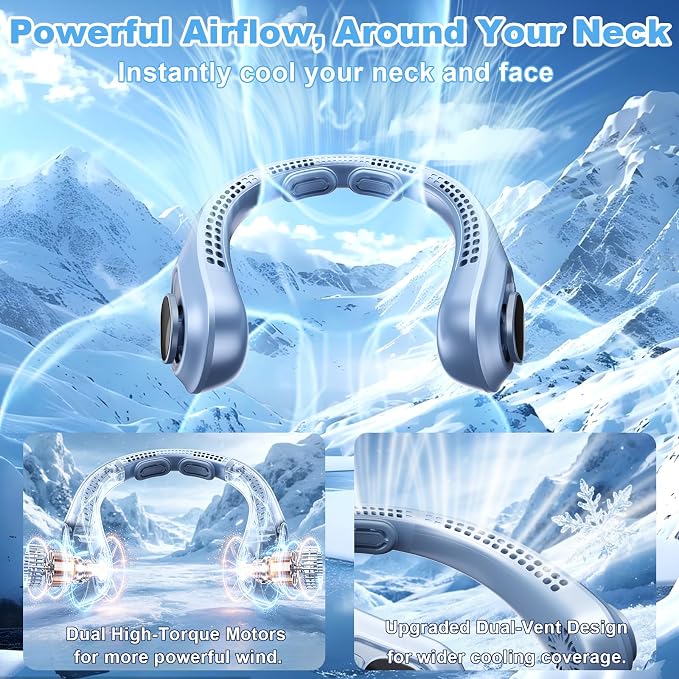 Portable Neck Fan Rechargeable - [with LED Display] 5 Speeds, 5000 mAh Battery Operated Wearable Personal Cooling Bladeless Fan for Outdoor Travel, Gifts for Men Women Kids,Sky Blue