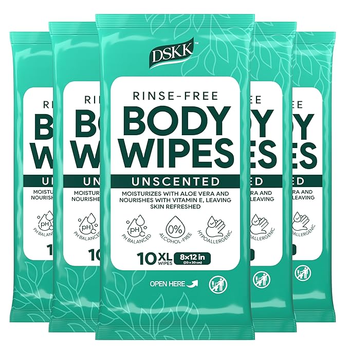 XL Ultra Thick Body Wipes for Adults Bathing No Rinse | 50 Disposable Cleansing Washcloths for Women, Men & Elderly | Infused with Aloe & Vitamin E | Shower Wipes | Great for Travel, Gym & Camping