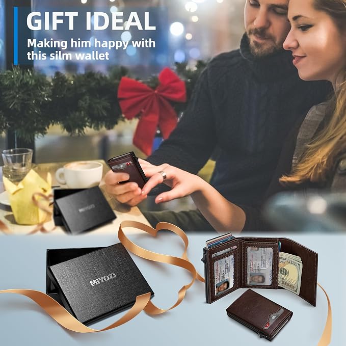 Wallet for Men,with Cash Pocket 2 ID Window 9-13 Cards,Metal Case Smart Slim Pop Up Credit Card Holder Flip with Magnetic Closure RFID Blocking Trifold wallet with Gift Box