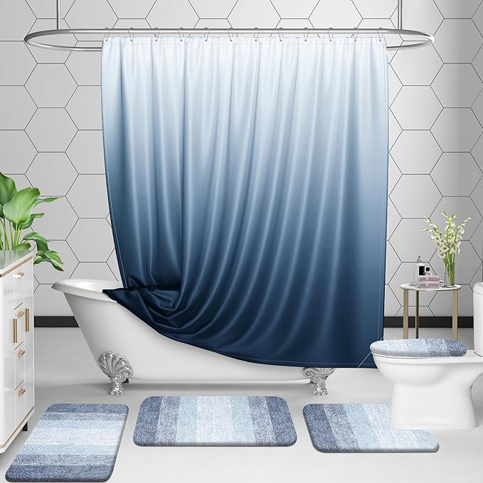 OLANLY Bathroom Rug Set 2 Piece, Soft Absorbent Microfiber Bath Mats and U-Shaped Contour Toilet Rug, Non-Slip, Machine Wash Dry, Plush Shaggy Bath Mats for Bathroom (30"x20"+U24 x20, Blue)