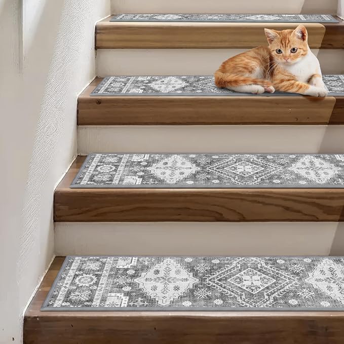 sarben 8"x30" Non Slip Stair Treads for Wooden Steps 15 Pack, Charcoal | Peel and Stick Carpet Stair Runner with TPE Adhesive Backing, Carpet for Added Safety, Pet and Senior Friendly