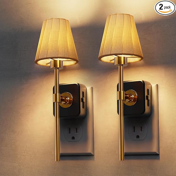 L LOHAS LED Night Lights Plug into Wall, Pleated Fabric Cover Night Light | 2 Pack Dusk to Dawn Sensor Vintage Nightlight, 0-100LM Dimmable, for Bedroom Living Room Hallway
