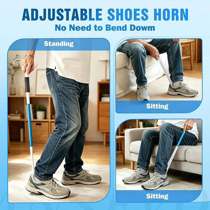 35 Inch Long Handle Shoe Horn for Seniors, Dressing Stick for Elderly, Sock Aids for Putting on Socks, Shirts, Shoes