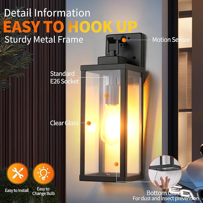 16 Inch Motion Sensor Dawn to Dusk Outdoor Sensor Light Fixture Anti-Rust Exterior Wall Lighting Waterproof Outdoor Wall Lantern for Porch Patio Front Door Garage