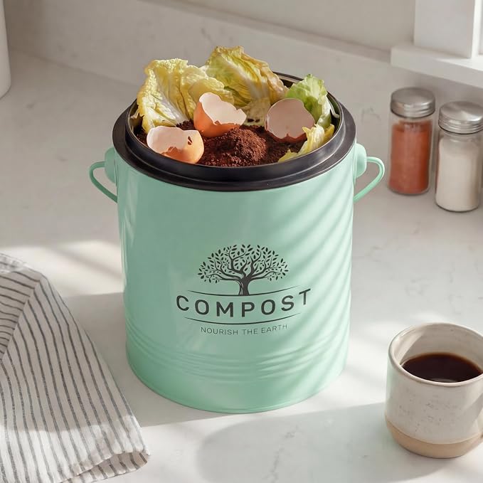Perfnique Kitchen Compost Bin, 1.3 Gallon Countertop Compost Bin with Lid, Indoor Compost Bucket Includes Inner Bucket Liner and Carbon Filter, Small Compost Bin with Trash Bags (with Bags, Mint)