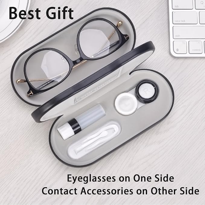 Muf 2 in 1 Contact Lens Case and Glasses Case, Double Sided Design with Mirror, Portable Travel Kit with Tweezer, Remover and Solution Bottle, Black 04