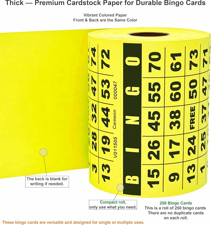250 Bingo Cards, Large 4.5 x 4.5 Inch, Yellow, Paper Bingo Sheets | 8 Color Options, Premium Cardstock, Disposable with Daubers or Reusable with Chips — Proudly Made in USA