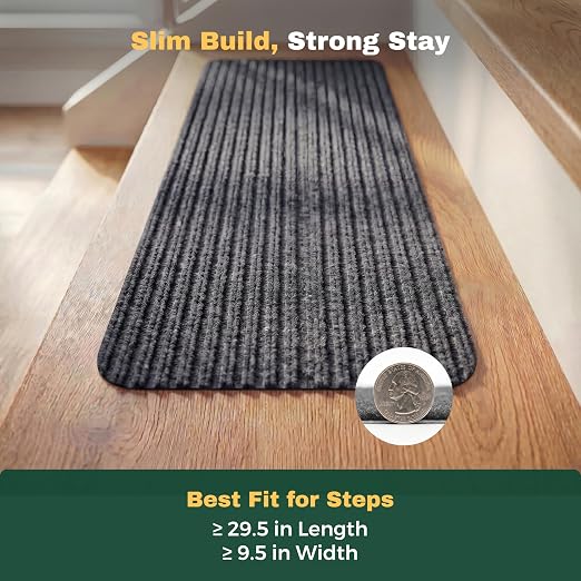 MBIGM Carpet Stair Landing Mat, 1 Pack, 2'6" x 2'6", Grey | Polyester carpet surface with PP mesh, nonwoven cushioning, and TPR adhesive backing for indoor stair coverage.