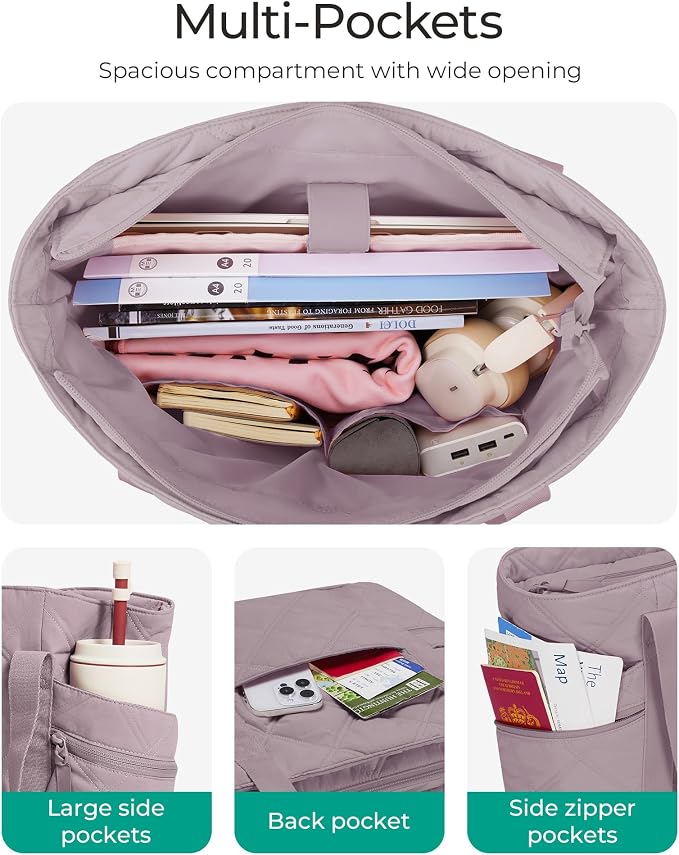 BAGSMART Crush Tote Bag for Women, 20L Puffer Work Tote with Zipper | Quilted Nurse Hospital Bag For Travel College Gym