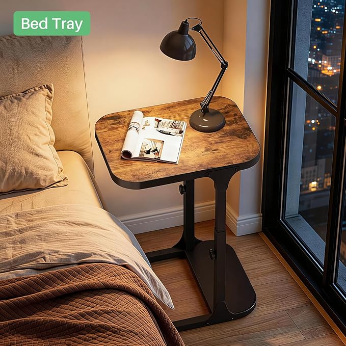 Kitstorack Height Adjustable End Table 2 Pack, Small Side Table for Couch, Sofa Table with Metal Frame for Living Room, Bedroom, Bedside C Shaped Table,Brown
