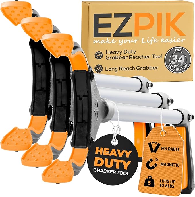 EZPIK Pro 34" Foldable Grabber Reacher Tool for Seniors - Grabbers for Elderly Reaching Tool Heavy Duty Pickup Trash Picker Upper Equipment - Claw Grabber Stick for Reaching Aids, Weed Gripper 3-Pack