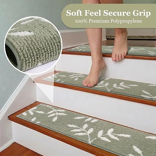 Carpet Stair Treads, Non-Slip Stair Treads for Wooden Steps Indoor | Stair Runner for Pets, Non Skid Staircase Step Treads Washable Reusable, Stair Protectors 30" x8" Set of 4, Green
