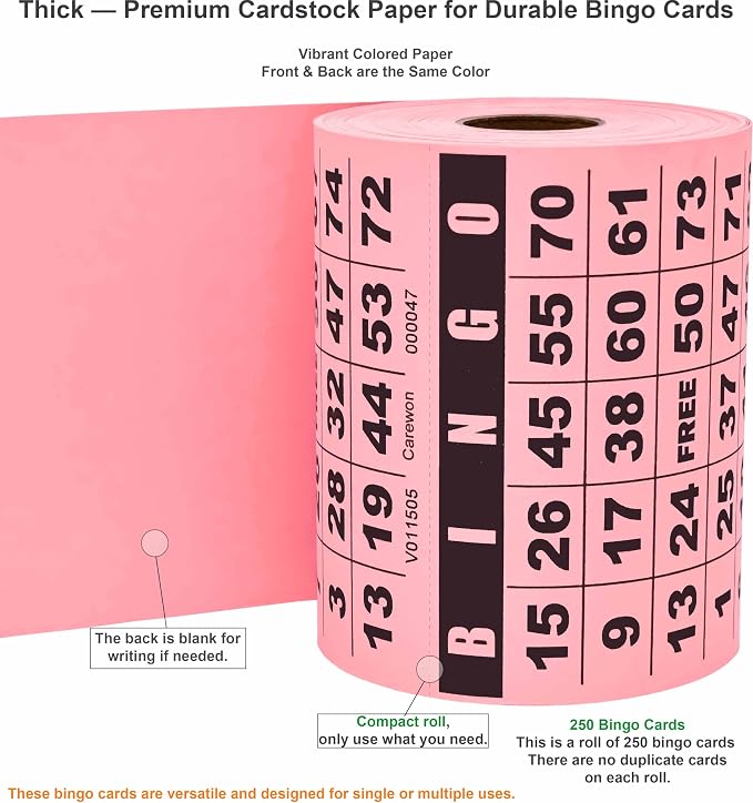 250 Bingo Cards, Large 4.5 x 4.5 Inch, Pink, Paper Bingo Sheets | 8 Color Options, Premium Cardstock, Disposable with Daubers or Reusable with Chips — Proudly Made in USA