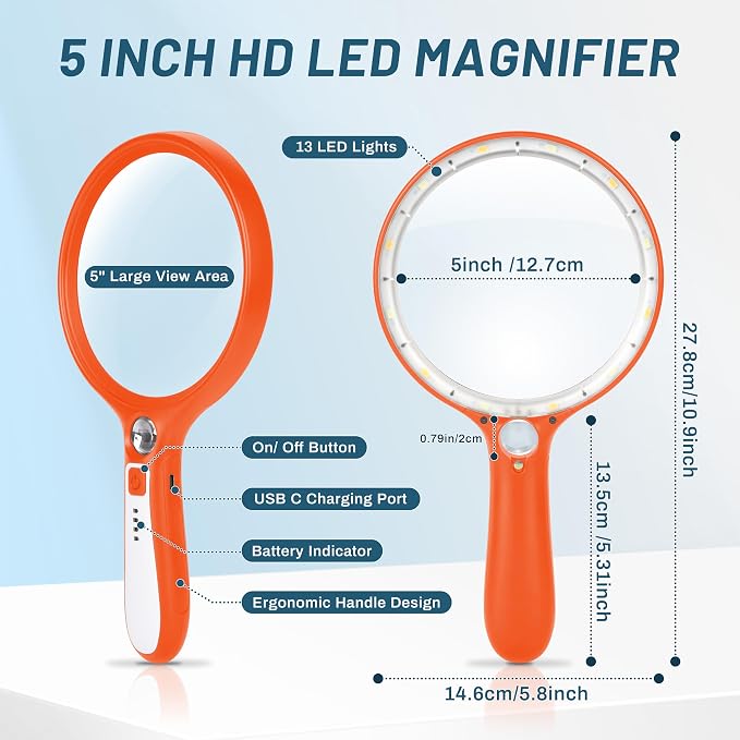 Large Magnifying Glass with Light: 5IN Handheld Illuminated Lighted Magnifier with 13 LED Lights, Rechargeable Magnifier (Orange+White, Magnifier with Light (No Case))