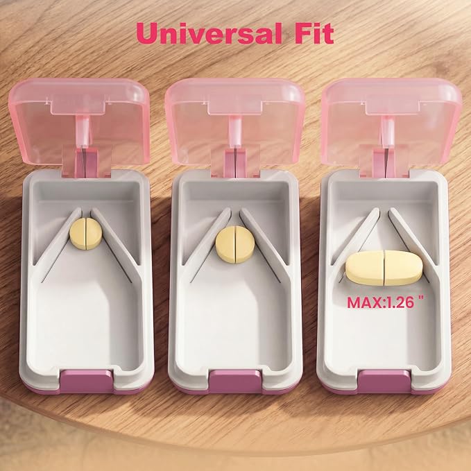 Fullicon Secure Precise Pill Cutter for Small Pills, Safe Tablet Slicer for Large Tiny Pills, Easy to Clean Coupe Pillule Portable Travel (Pink)